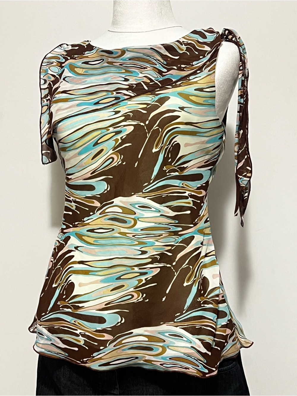 Abella Aqua & Brown Abstract Wave-Print Tie-Strap top